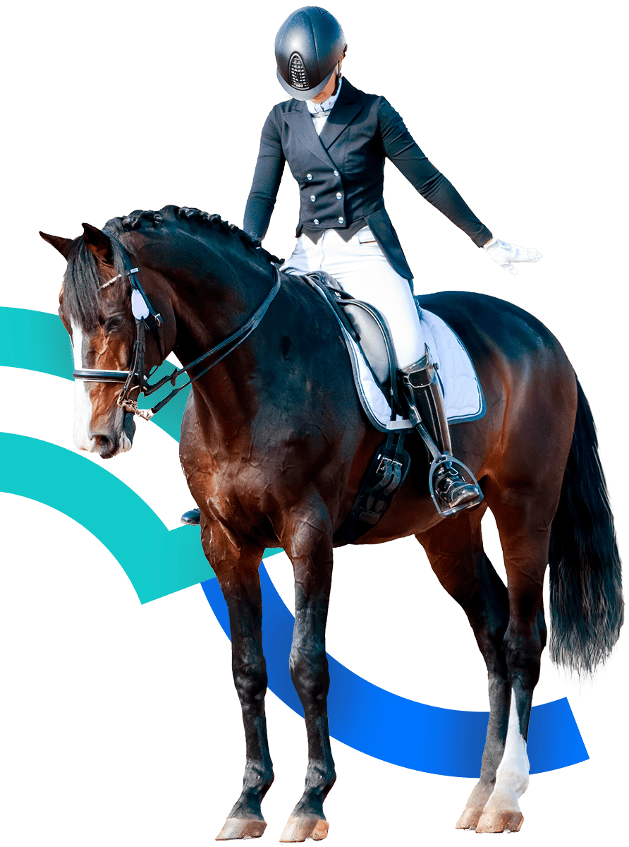 En la segunda fotografía, se ve un plano frontal de una jinete montando un caballo. La pose es de competencia. La jinete viste casco, una chaqueta roja y un pantalón blanco de equitación.