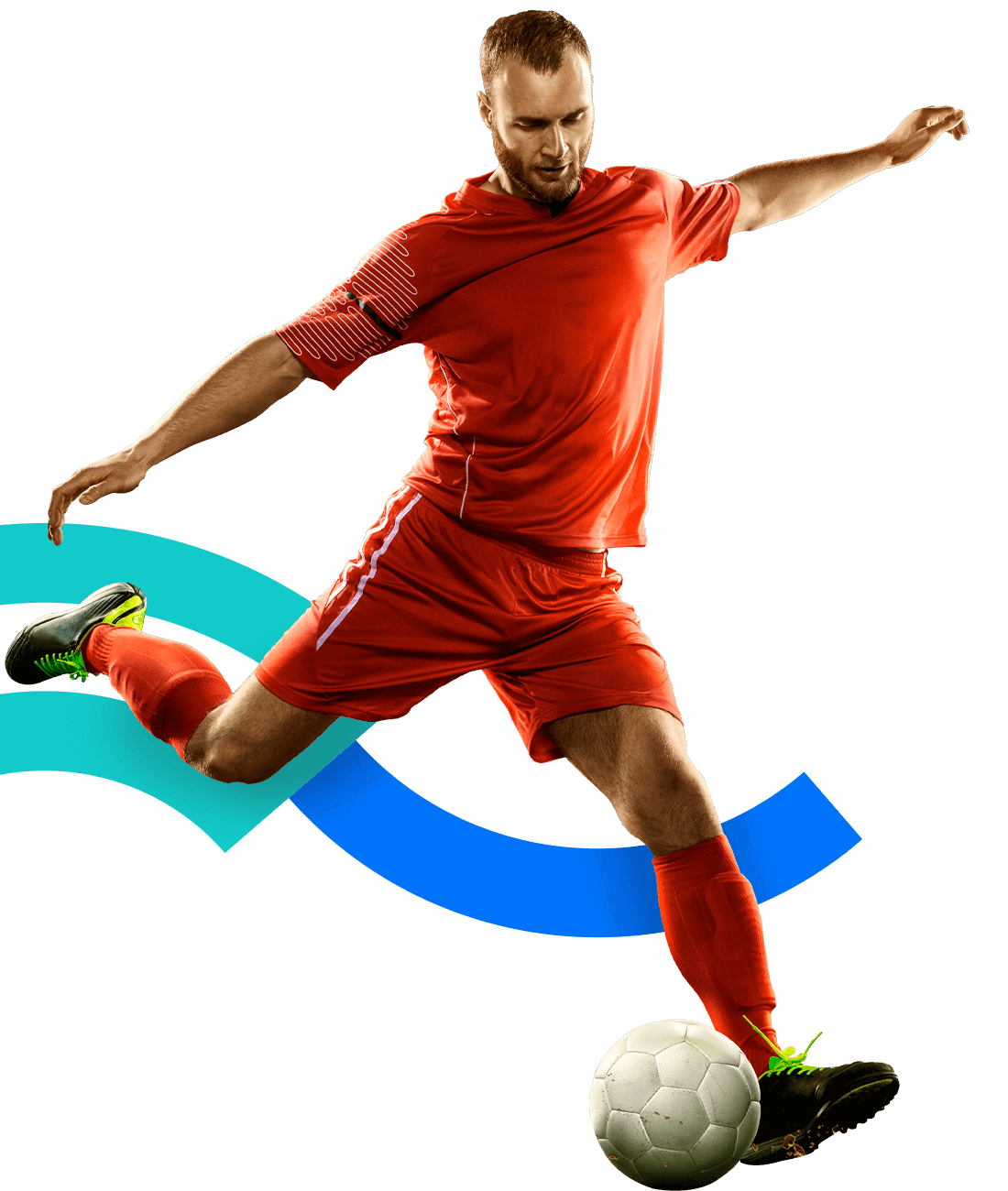 En la foto, un futbolista patea un balón. Extiende sus brazos y piernas. Viste un uniforme rojo. 