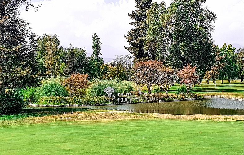En la imagen se aprecia un sector de la cancha de golf del Country Club, donde hay una laguna central rodeada de pasto verde, pinos muy altos, frondosos y muchos arbustos.