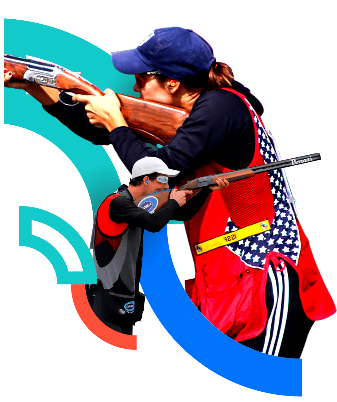 En la foto una atleta y un atleta a punto de disparar sosteniendo su escopeta.